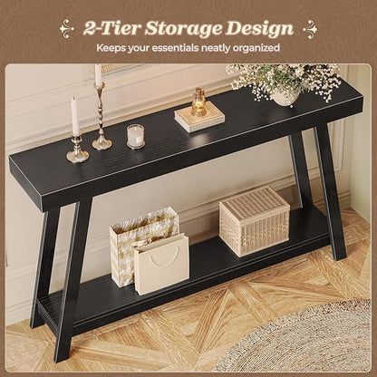 Huuger Console Table with Charging Station, USB-C Port, 2 Tiers Entryway Table, 53.9 Inch Sofa Table with Metal Legs, Entry Hallway Table with Thicker Desktop, Modern Behind Couch Table, Black