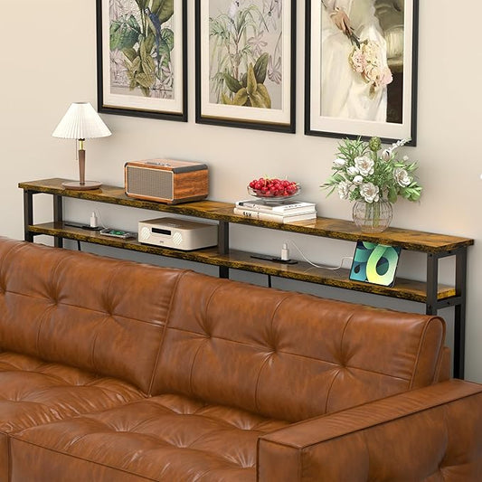 70 Inch Double-Layer Narrow Console Sofa Table with 2 Power Outlets&4 AC Plugs&4 USB Ports, 4.9' Extension Cord Included, Behind Couch Table for Living Room/office Easy Assembly - Rustic Brown