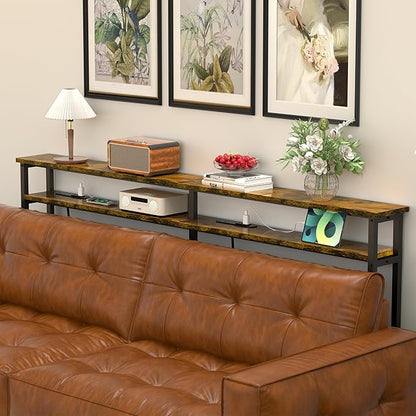 78 Inch Double-Layer Narrow Console Sofa Table with 2 Power Outlets&4 AC Plugs&4 USB Ports, 4.9' Extension Cord Included, Behind Couch Table for Living Room/office Easy Assembly - Rustic Brown