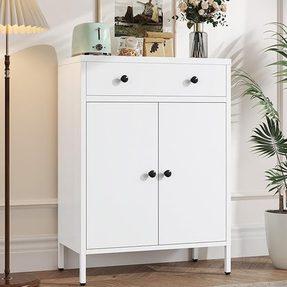 Metal Storage Cabinet with Drawer and Adjustable Shelf, White Steel Sideboard Buffet Cabinet, 35.4" H Coffee Bar Cabinet for Kitchen, Dining Room, Entryway