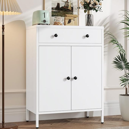 Metal Storage Cabinet with Drawer and Adjustable Shelf, White Steel Sideboard Buffet Cabinet, 35.4" H Coffee Bar Cabinet for Kitchen, Dining Room, Entryway