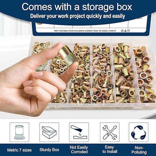 Metric Rivet Nut Assortment Kit(890 Pcs), M3 M4 M5 M6 M8 M10 M12 Flat Head Rivnut Set, Zinc Plated Finish Carbon Steel Nutsert