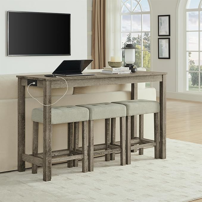 59" Power Outlet Mid Century Console Table, Slim Console Table with Solid Wood Frame, Long Narrow Console Tables for Living Room & Kitchen, Brown