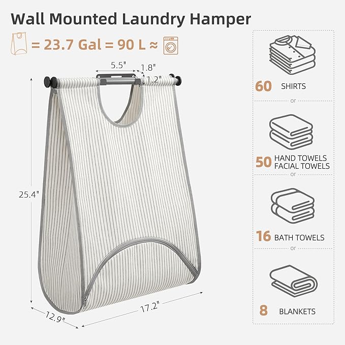 STORAGE MANIAC Wall Mount Laundry Hamper, Hanging Laundry Bag with Bottom Zipper Opening, Space Saver Dirty Clothes Hamper with Wall Anchor, Laundry Clothes Bin for College, Dorm, RV, Stripe