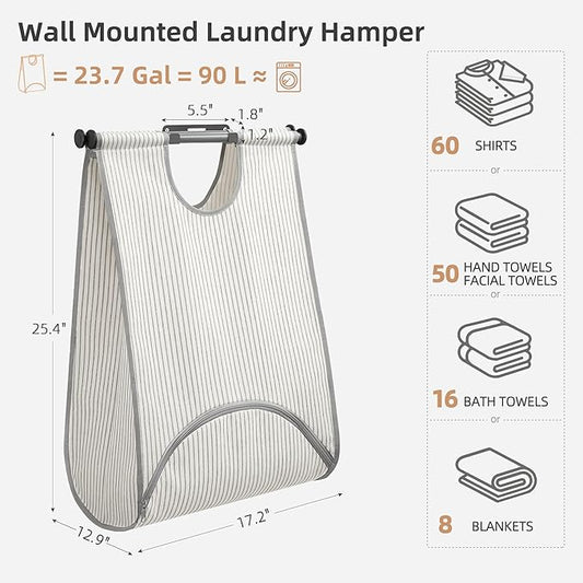STORAGE MANIAC Wall Mount Laundry Hamper, Hanging Laundry Bag with Bottom Zipper Opening, Space Saver Dirty Clothes Hamper with Wall Anchor, Laundry Clothes Bin for College, Dorm, RV, Stripe