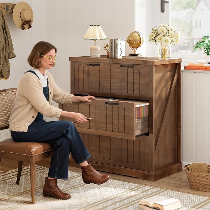 SEDETA 3 Drawer File Cabinet, Farmhouse Filing Cabinet for Home Office, Wood Office File Cabinets for Letter/Legal/A4 Size, Lateral File Cabinets with Printer Stand for Study Room, Living Room (Brown)
