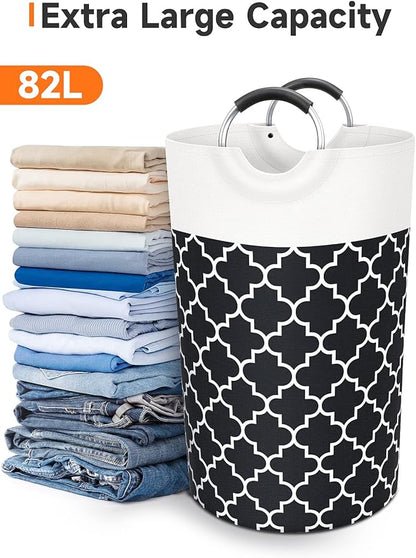 Large Laundry Hampe Basket Washing Bin Clothes Bag Collapsible Tall with Handles Waterproof Travel Bathroom College Essentials Storage for College Dorm, Family (Black) 82L