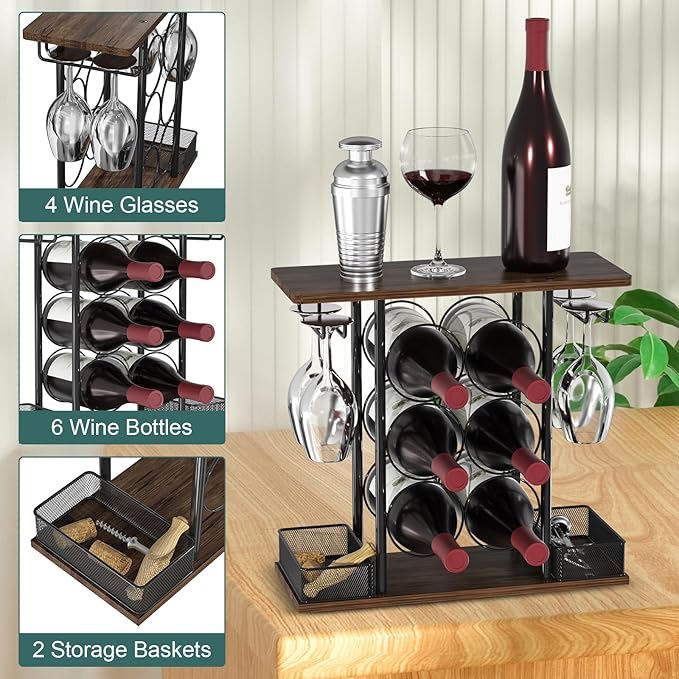 Countertop Wine Rack, 3 Tier Wood & Metal Small Wine Rack Up to Hold 6 Bottles and 4 Glasses, Wine Bottle Holder for Home Bar Tabletop Kitchen Cabinet, 6.29" D x 16.14" W x 15.82" H