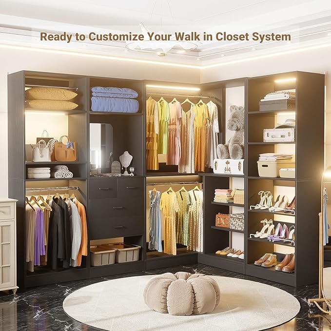 Unikito Corner Closet System, 36” Large Freestanding Closet Organizer Tower with 2 Hanging Rods and Storage Shelves, Sturdy Walk in Closet Kits for Bedroom and Entryway, 36" W x 36" D x 80" H, Black