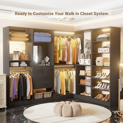 Unikito Corner Closet System, 36” Large Freestanding Closet Organizer Tower with 2 Hanging Rods and Storage Shelves, Sturdy Walk in Closet Kits for Bedroom and Entryway, 36" W x 36" D x 80" H, Black