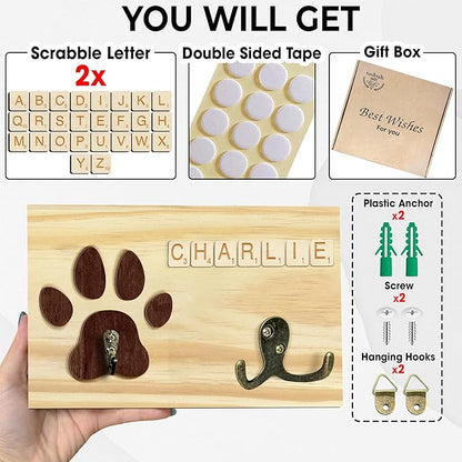 Dog Leash Holder Wall Mount, Pet Harness Hanger with Scrabble Letters, Dog Collar Organizer for Entryway, Cat Leash Key Holder for Wall, Pet Memorial Loss Gifts, Keepsake, Home Decor PF218-N