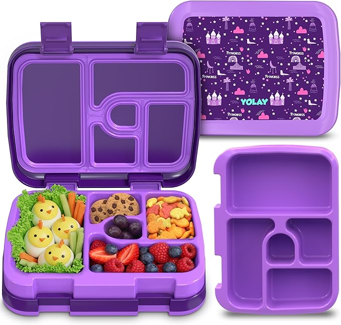 YOLAY Bento Box for Kids Lunch Box Leak-Proof, 5-Compartment Lunch Box Kids for Ages 3-10, Durable with Anti-Slip Base, Suitable for Schools, Outdoor and Travel (Mermaid) (Princess)