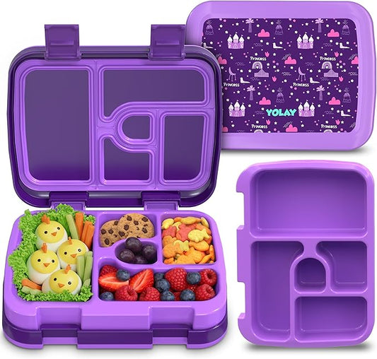 YOLAY Bento Box for Kids Lunch Box Leak-Proof, 5-Compartment Lunch Box Kids for Ages 3-10, Durable with Anti-Slip Base, Suitable for Schools, Outdoor and Travel (Mermaid) (Princess)