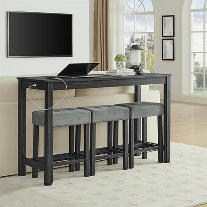 59" Power Outlet Mid Century Console Table, Slim Console Table with Solid Wood Frame, Long Narrow Console Tables for Living Room & Kitchen, Black