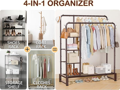 Double Rods Clothes Rack Clothing Rack with 4 Tier Storage Shelves Clothes Rack for Hanging Clothes Multifunctional Heavy Duty Clothes Organizer with Hooks for Bedroom,Wardrobe Closet,Shop,Brown
