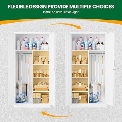Broom Closet with Lock, Metal Storage Cabinet 36" Wide, 5-Tier Steel Utility Cabinet with Hanging Rod & Doors for Garage, Laundry Room, Warehouse Storage