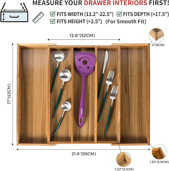 Utoplike Acacia Kitchen Drawer Organizer Expandable, Large Utensils and Cutlery Tray, Adjustable Silverware Divider for Knives Flatware