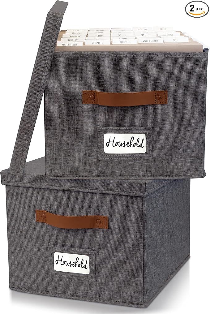 ZICOTO Decorative File Organizer Box Set of 2 - Collapsible Linen Filing Cabinets w/Handles Are Perfect to Store all Your Documents & Hanging File Folders - Portable Easy Slide Crates with Lid
