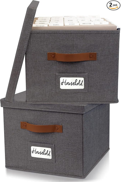 ZICOTO Decorative File Organizer Box Set of 2 - Collapsible Linen Filing Cabinets w/Handles Are Perfect to Store all Your Documents & Hanging File Folders - Portable Easy Slide Crates with Lid