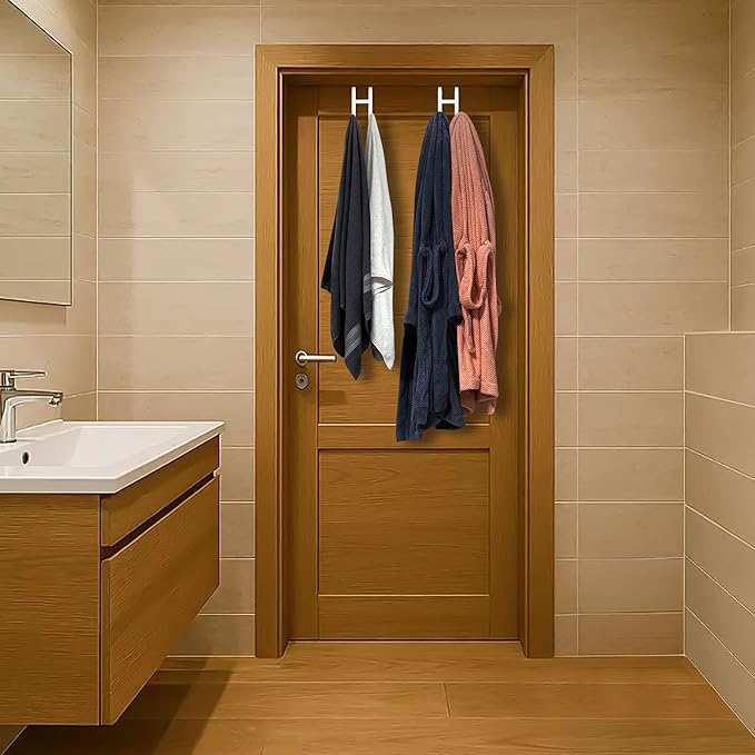 Over the Door Twin Metal Hooks with Plastic Coating 5.5" Fit 0.5" to 1 3/8" Door 2 Sets Heavy Duty Towel Robe Rack Wreath Bathroom Shower Hanger Shoe Organizer Ironing Board Short White
