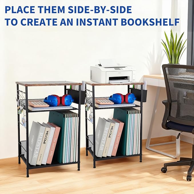 Small Under Desk Storage, Brown Printer Stand with Storage Shelf, 3-Tier Height Adjustable Printer Table with Basket & 3 Hooks for Home Office Fax Machine Scanner Files
