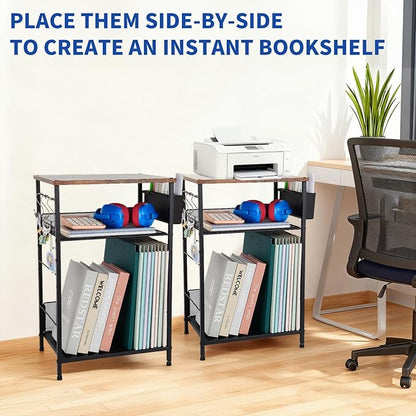Small Under Desk Storage, Brown Printer Stand with Storage Shelf, 3-Tier Height Adjustable Printer Table with Basket & 3 Hooks for Home Office Fax Machine Scanner Files