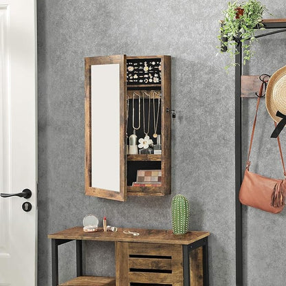 SONGMICS Lockable Jewelry Cabinet Armoire with Mirror, Wall-Mounted Space Saving Jewelry Storage Organizer, Rustic Brown UJJC051K01