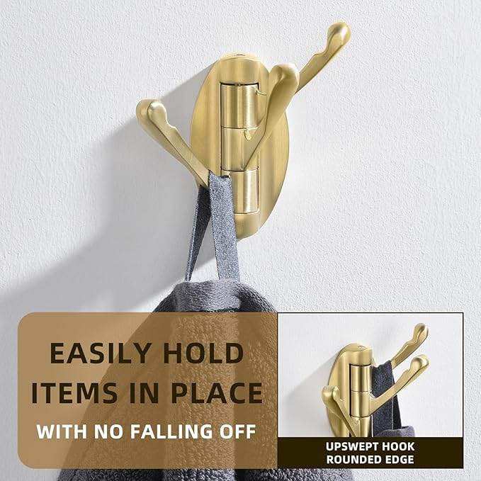Angle Simple Swivel Towel Hook Brushed Gold 2 PCS, Metal Folding Bathroom Hook, Bath Towel Holder, Heavy Duty Robe Clothes Hanger for Bathroom RV Wall Mount