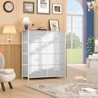 DWVO Fabric Dresser for Bedroom, Tall Dresser with 8 Drawers, Storage Tower with Fabric Bins, Chest of Drawers for Closet & Living Room - Sturdy Steel Frame, Wooden Top