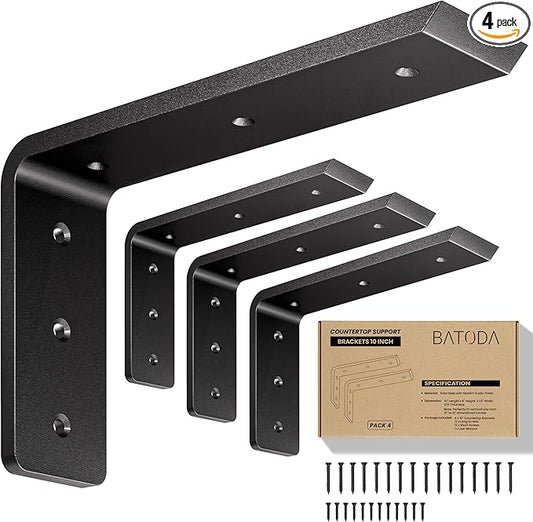 BATODA 10” Countertop Support Brackets (4 PCS) for Granite - Heavy Duty L Shelf Bracket - Wall Mounted Support for DIY Open Shelving – Blind Shelf Support - Shelving Mounting