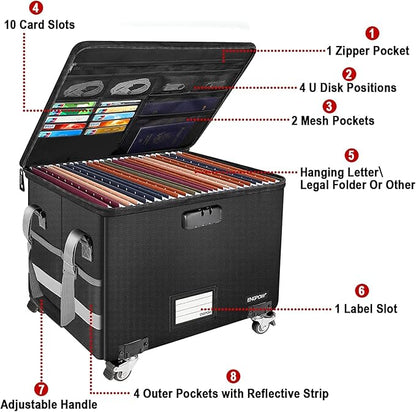 ENGPOW Fireproof Document Box with Wheels, Collapsible File Box with Lock, Rolling File Storage Organizer Filing Cabinet with Pockets, Portable Home Office Safe for Hanging Letter/Legal Folder, 2 Pack