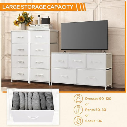 DUMOS Dresser for Bedroom, 4 Storage Drawers, Tall Fabric Closet Chests Organizer Tower Furniture with Wooden Top Metal Frame for Clothes, Living Room, Hallway, Entryway