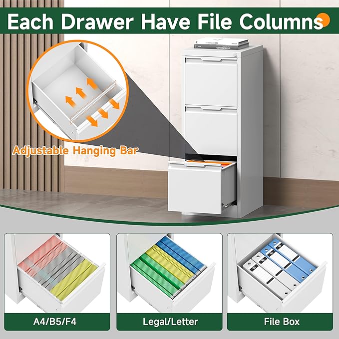 3 Drawer File Cabinet with Lock, White Vertical Filing Cabinets for Home Office, Locking Metal File Cabinet for Letter/Legal/A4/F4 Size, Assemble Required