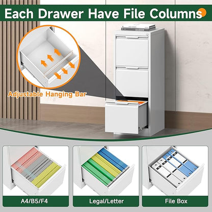 3 Drawer File Cabinet with Lock, White Vertical Filing Cabinets for Home Office, Locking Metal File Cabinet for Letter/Legal/A4/F4 Size, Assemble Required