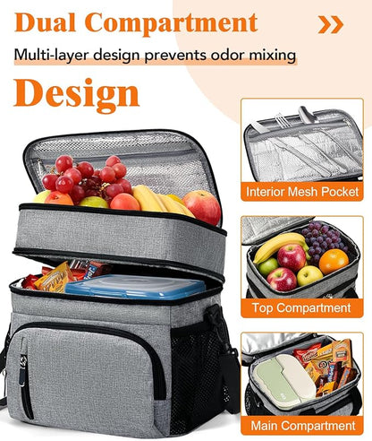 Insulated Lunch Bag for Men & Women, Double Leakproof Lunch Box Soft Cooler Tote with 5 Pockets, 600D Oxford, EVA Lining, Adjustable Strap for Work, Picnic, Beach&Travel-Grey