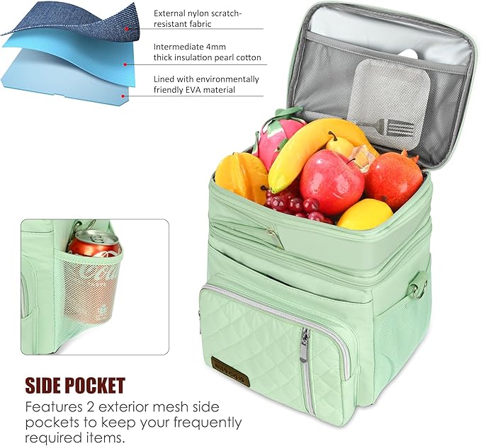 MIYCOO Lunch Bag & Lunch Box for Women Men, Double Deck Leakproof Insulated Soft Large Adult Camping Cooler bag for Work, Beach, Picnic, Travel (Green Quilted, 15L)