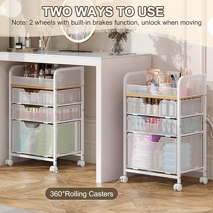 Rolling Makeup Cart Organizer with 3 Drawers, Floor Skincare Organizers with Wheels, Cosmetics Display Cases, Vanity Storage Organizer for Skin Care Perfume Nail Polish, White