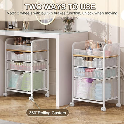 Rolling Makeup Cart Organizer with 3 Drawers, Floor Skincare Organizers with Wheels, Cosmetics Display Cases, Vanity Storage Organizer for Skin Care Perfume Nail Polish, White