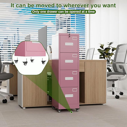 Aobabo 4 Drawer File Cabinet with Wheels, Lockable Office Metal Filing Cabinet with Name Card for Office and Home,Assembly Required,Pink