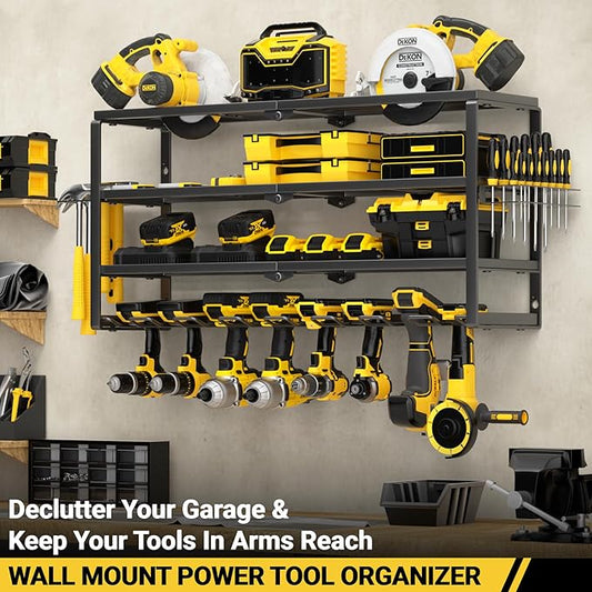 YYR 4 Layer Power Tool Organizer Wall Mount, Cordless Drill Hanger Storage Rack, Battery Tools Holder with Charging Station Shelf for Garage Organization, Workshop, Pegboard, Shed - 32 Inch 8 Slots