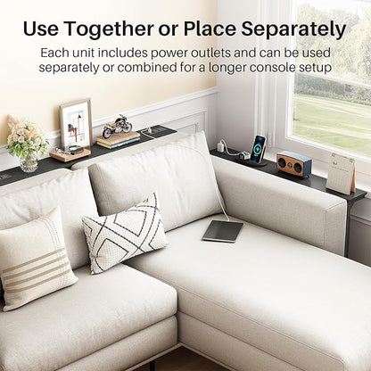 Kitstorack 2-Pack Black Console Table, 7.9" Deep Panel, Adjustable Height (25"-33") & with 2 Power Outlets, Behind Sofa Couch Table, Use Together or Separately - 79" L