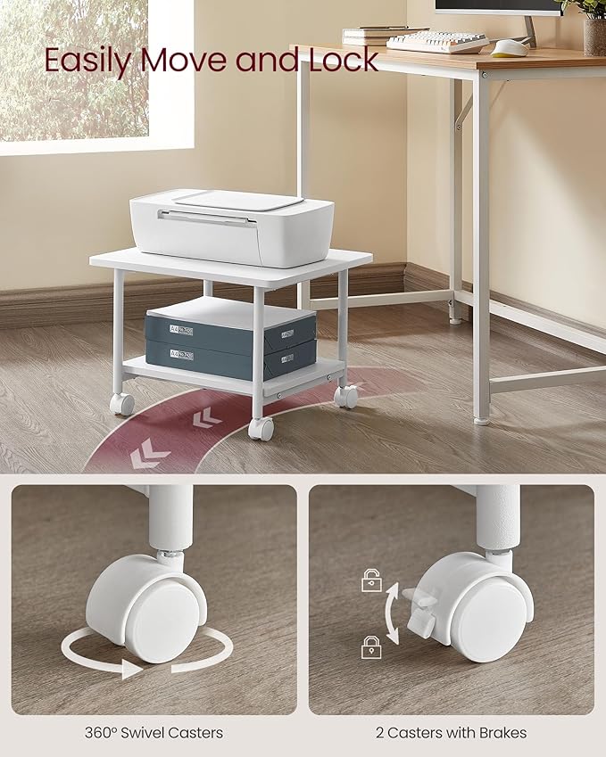 VASAGLE Printer Stand with Locking Wheels, 2-Tier Shelf, Industrial Under Desk Heavy-Duty Mobile Cart for Home Office, White UOPS002W01