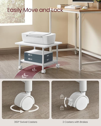 VASAGLE Printer Stand with Locking Wheels, 2-Tier Shelf, Industrial Under Desk Heavy-Duty Mobile Cart for Home Office, White UOPS002W01