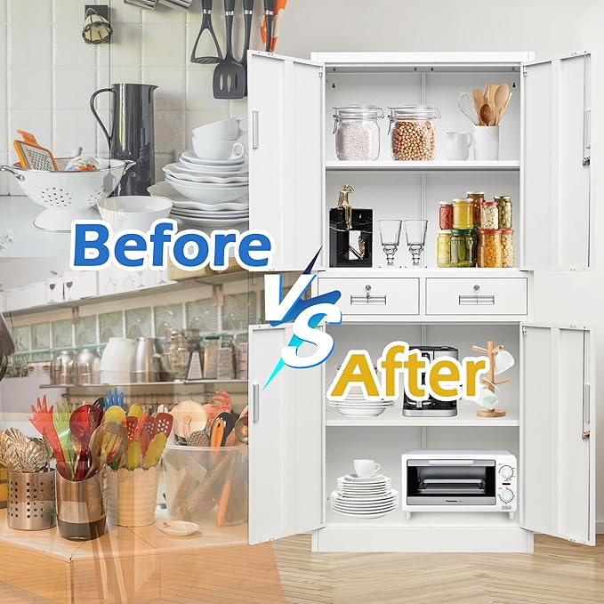 CMY Metal Storage Cabinet, 71" H x 32" W x 16" D Locking Cabinet with Adjustable Shelves and 2 Drawers, Steel Storage Cabinet for Office, Garage, Home, School, Utility Room-White