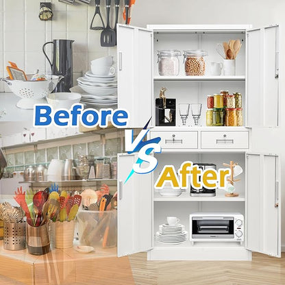 CMY Metal Storage Cabinet, 71" H x 32" W x 16" D Locking Cabinet with Adjustable Shelves and 2 Drawers, Steel Storage Cabinet for Office, Garage, Home, School, Utility Room-White
