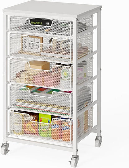 Utility Cart with 5 Drawers, Rolling Storage Cart with Wooden Tabletop and Lockable Wheels, Storage Drawer Cart Craft Cart for Bedroom, Classroom, Home, Office, White