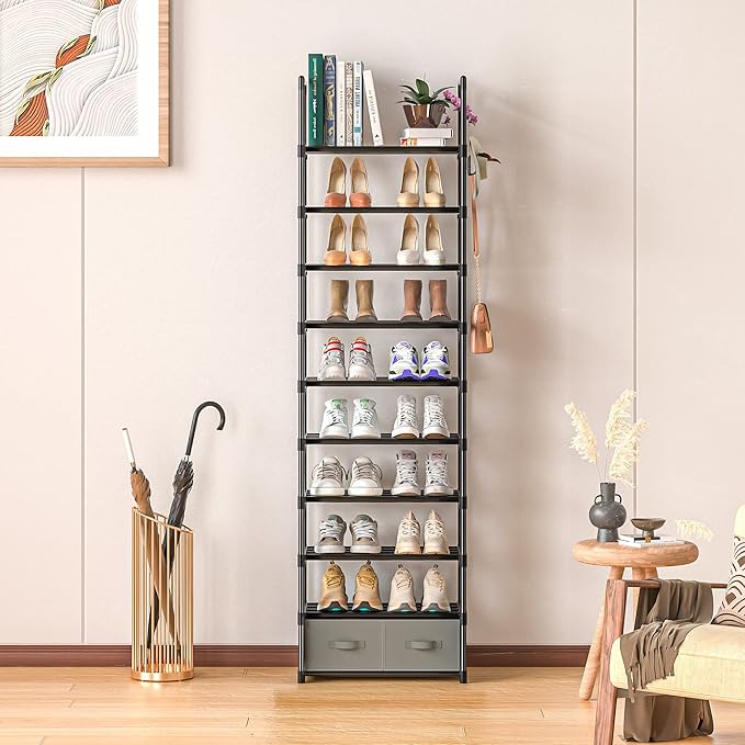 OYREL Tall Shoe Rack Narrow 10 Tier Shoes Rack 20 25 Pairs, Shoe Storage Organizer for Closet, Sturdy Metal Shoe Shelf Shoe Stand with 2 Boxes 1 Hook