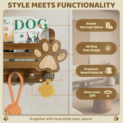 MTERSN Acacia Wood Dog Leash Holder for Wall – Cute Dog Paw Key Holder Wall Mount with Floating Shelf and 6 Hooks, Rustic Mail Organizer for Dog Accessories & Home Decor(Acacia Wood)