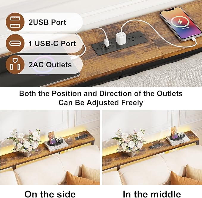 YGEOMER 79in Behind Couch Table Adjustable Height Sofa Table with Charge Station Narrow Console Table with LED Lights, Rustic Brown