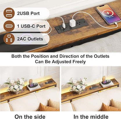 YGEOMER 79in Behind Couch Table Adjustable Height Sofa Table with Charge Station Narrow Console Table with LED Lights, Rustic Brown